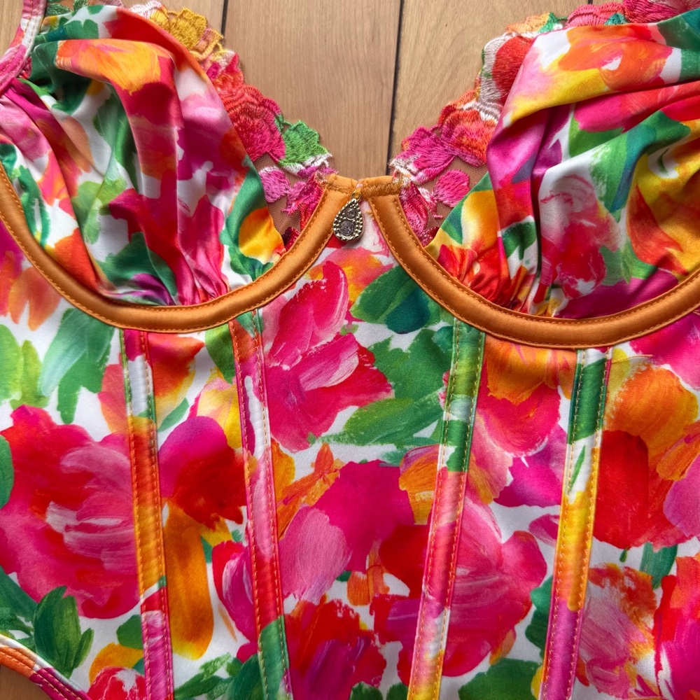 Bydee Havana Corset Top Orange Pink Watercolor Floral Print Embroidered Size XS - Picture 5 of 8